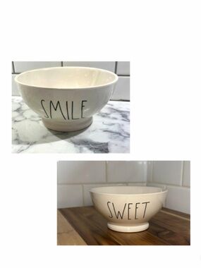 NEW Rae Dunn White Ceramic Ice Cream Cereal Soup Bowl Set Sweet and Smile